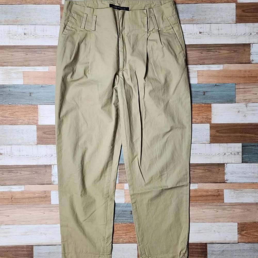 Zara Woman High Waisted Pleated Tapered Trousers Khaki Tan Size Large - Picture 3 of 6